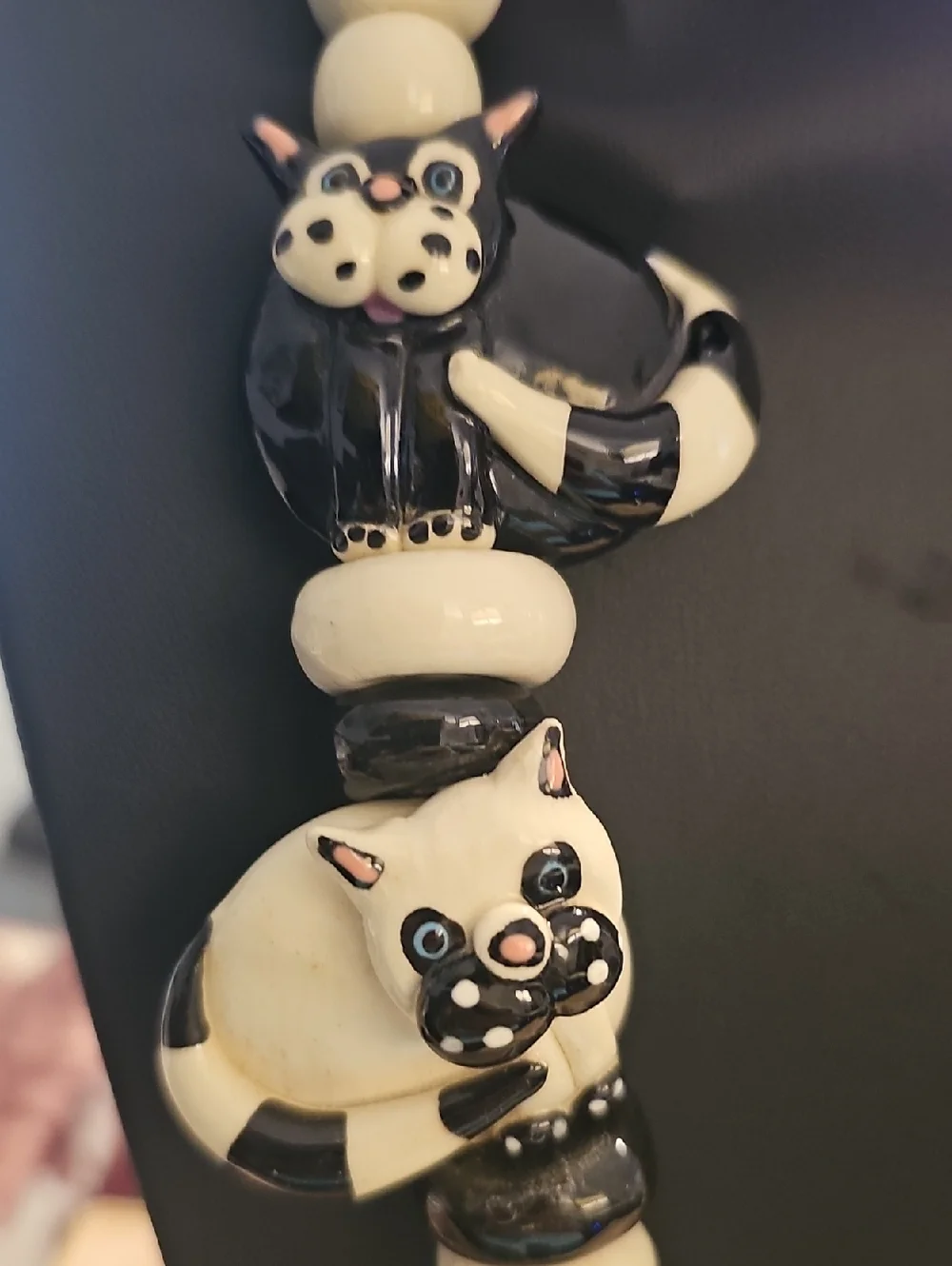 Hand Crafted Black & White Wimsical Cat Bead Necklace.‎ 34